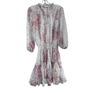 Lovestitch Floral Smocked Mini Dress Pink Blue Watercolor Tiered Ruffle Small